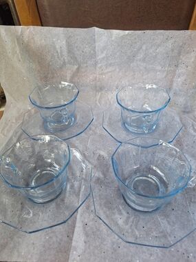 Cambridge Glass Decagon Blue Glass Tea Cups with Matching Saucers.4 Sets